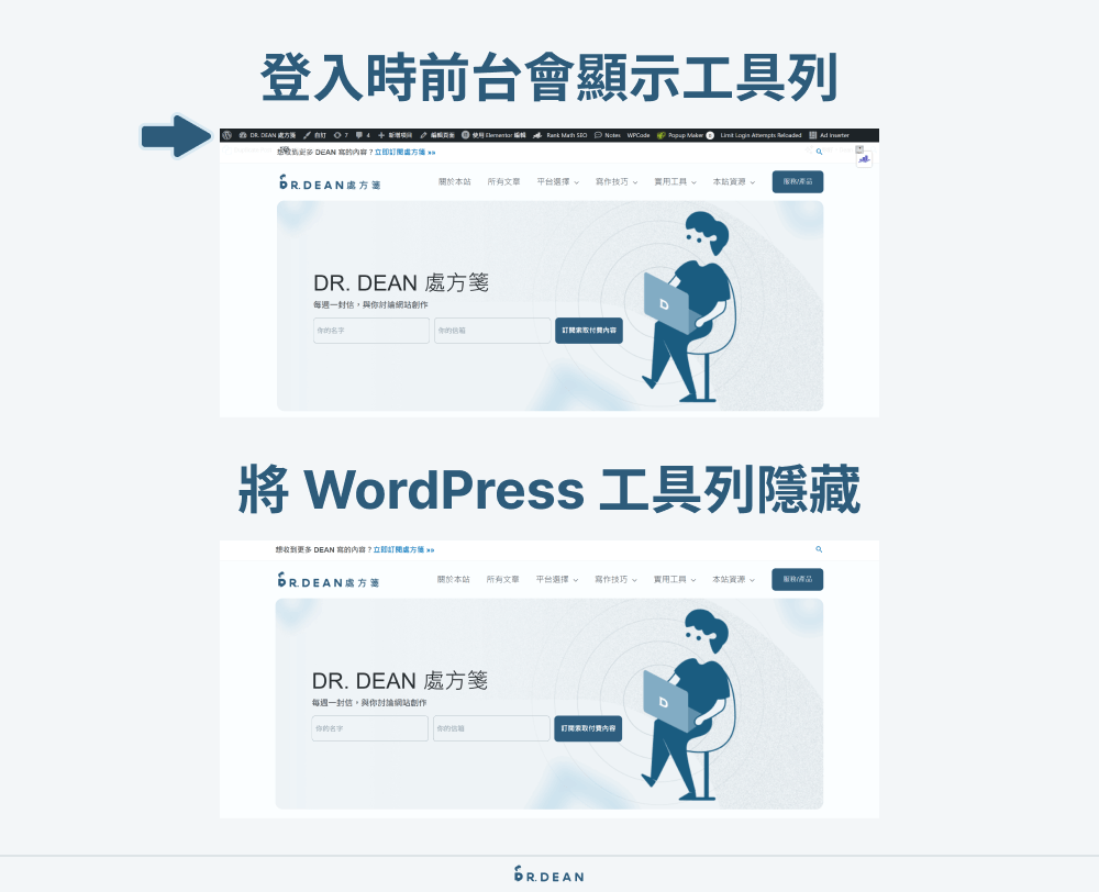 Code Snippets 外掛教學:9 個實用 WordPress 程式碼片段範例 17 停用 WordPress 管理工具列