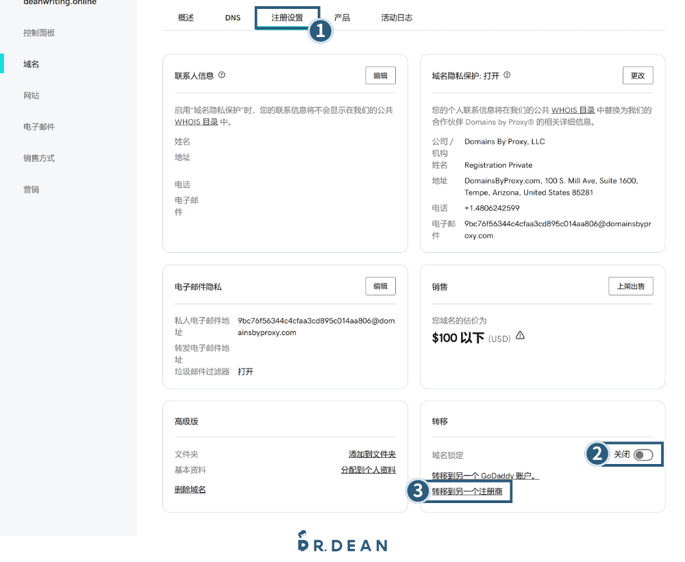 【2026】GoDaddy 教學:3 分鐘買網域 + DNS 串接 + 信箱設定 51 到註冊設定關閉網域鎖定並點轉移網域的連結