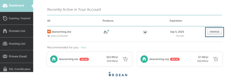 【2026】Weebly 教學:4 步驟快速架站 + 優缺點分析 41 登入 Namecheap 後台,在 Dashboard 管理介面的網域旁按「MANAGE」按鈕