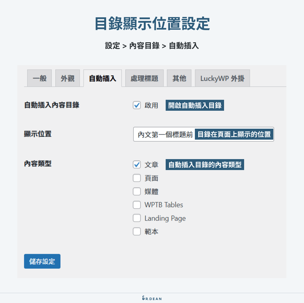 LuckyWP Table of Contents 設定:輕巧的 WordPress 文章目錄 6 目錄顯示位置設定