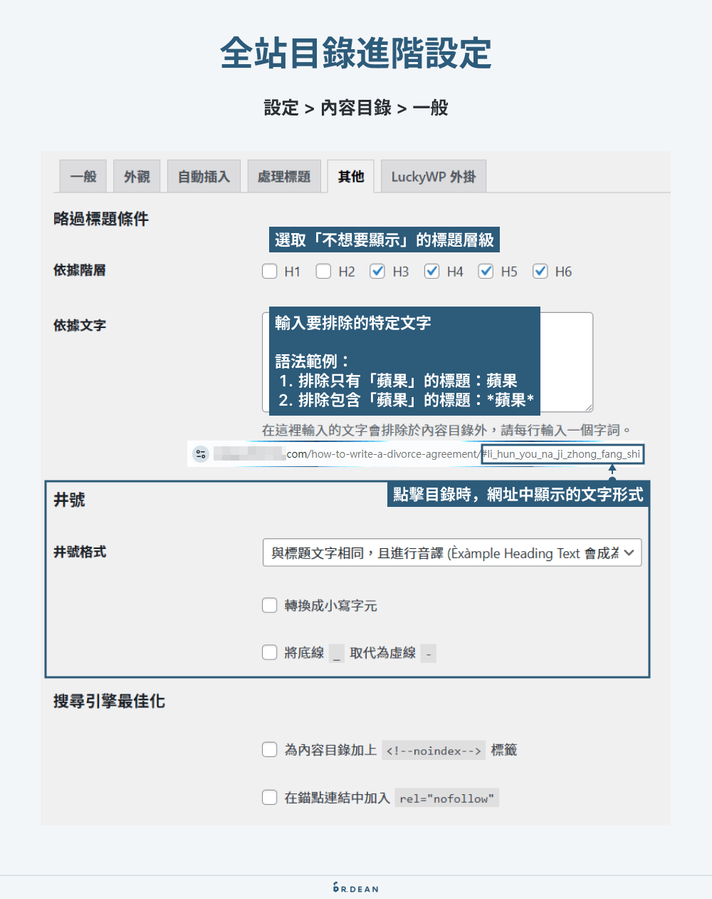 LuckyWP Table of Contents 設定:輕巧的 WordPress 文章目錄 8 全站目錄進階設定