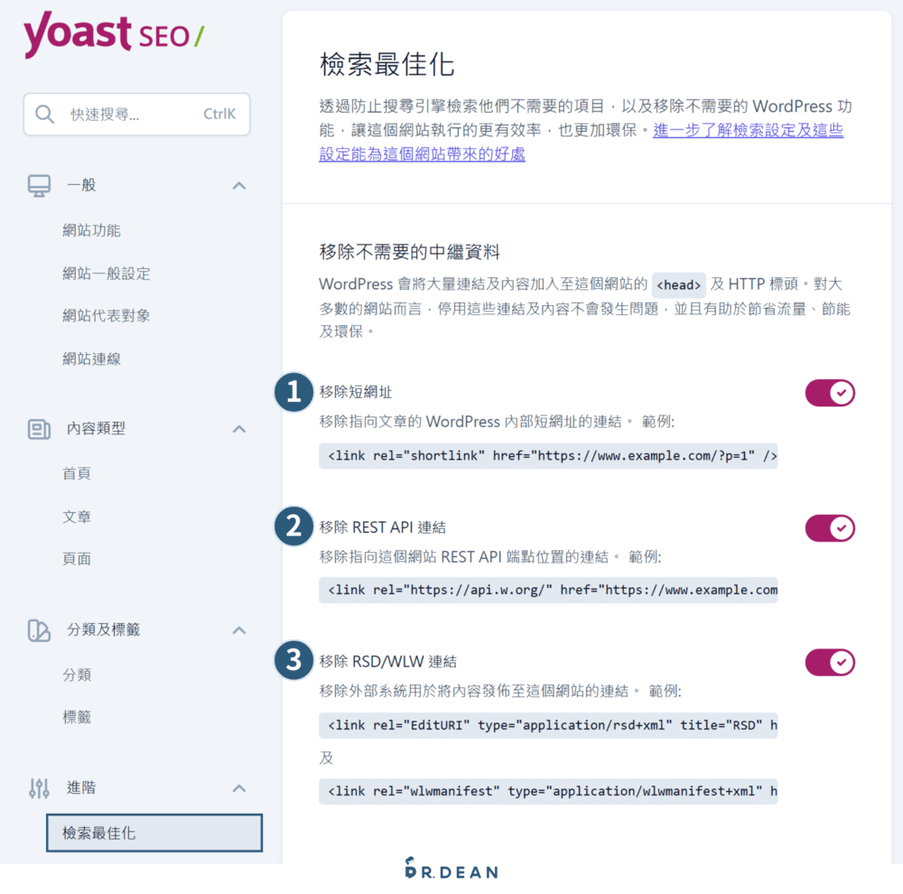 【2026】Yoast SEO 教學:完整設定 + 寫文技巧(最齊全指南) 36 點開進階選單,選擇檢索最佳化設定頁,可透過設定防止搜索引擎,建議開啟移除短網址、REST API 連結、RSD/WLW 連結等控制項