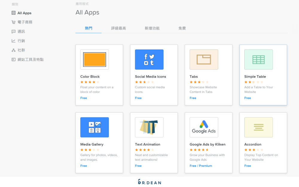 【2026】Weebly 教學:4 步驟快速架站 + 優缺點分析 67 Weebly 應用市集的應用程式,包含電子商務、通訊、行銷、社群、網站工具及特點等不同類別