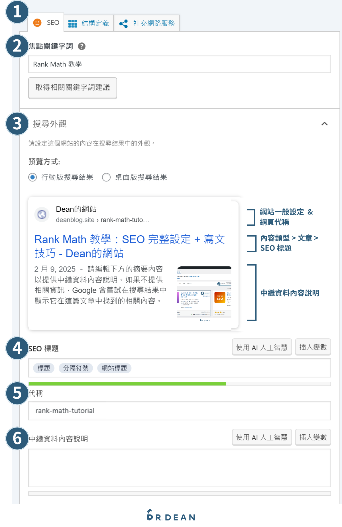 【2026】Yoast SEO 教學:完整設定 + 寫文技巧(最齊全指南) 54 輸入焦點關鍵字,就能查看搜尋結果的外觀預覽,並設定 SEO 標題、網頁代稱與中繼資料內容說明。以憂化文章內容並提升在搜尋引擎的排名