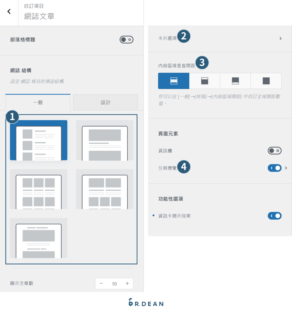 Blocksy 教學:完整設定 + 操作指南【2026 多功能 WP 主題】 43 網誌文章版面設定,選擇版面結構、卡片選項、內容區域間距與分頁導覽顯示