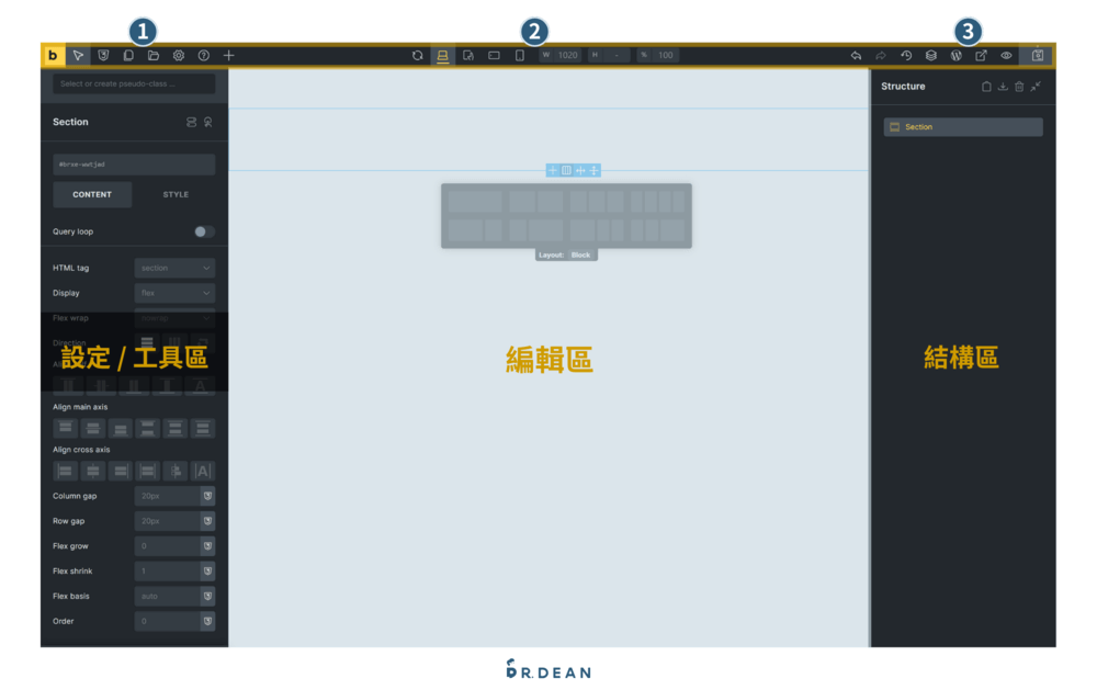 Bricks 新手教學指南:佈景主題 + 頁面編輯器【2026】 25 頁面設定工具區編輯功能示意