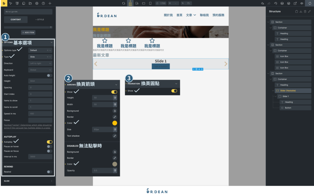 Bricks 新手教學指南:佈景主題 + 頁面編輯器【2026】 56 設定幻燈片細項與箭頭顏色
