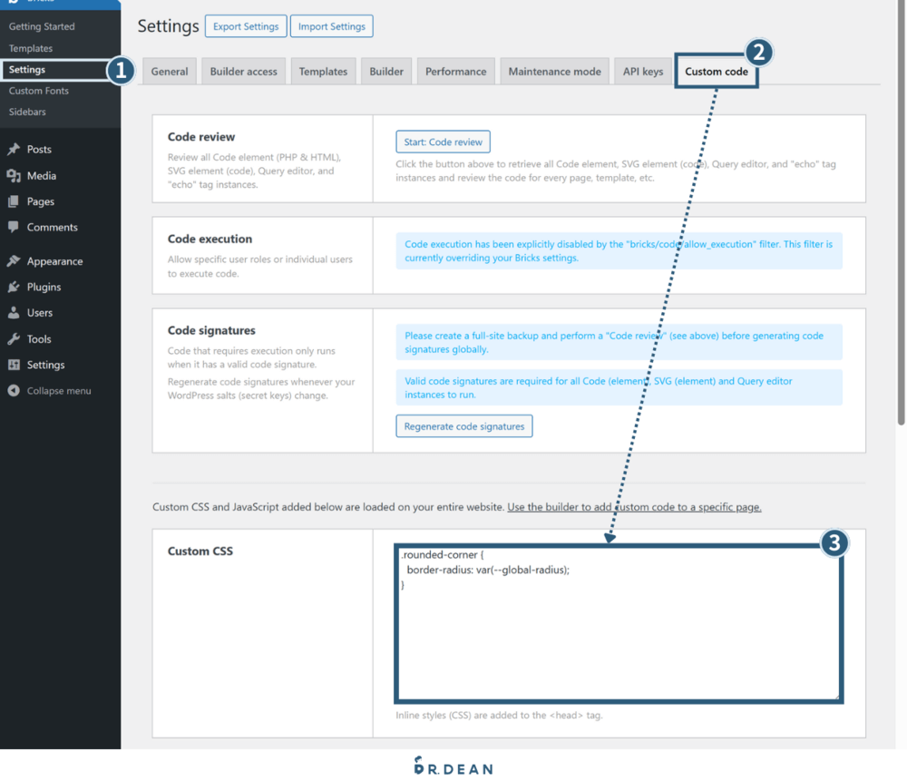 Bricks 新手教學指南:佈景主題 + 頁面編輯器【2026】 20 WordPress Bricks 自定義代碼設置頁面