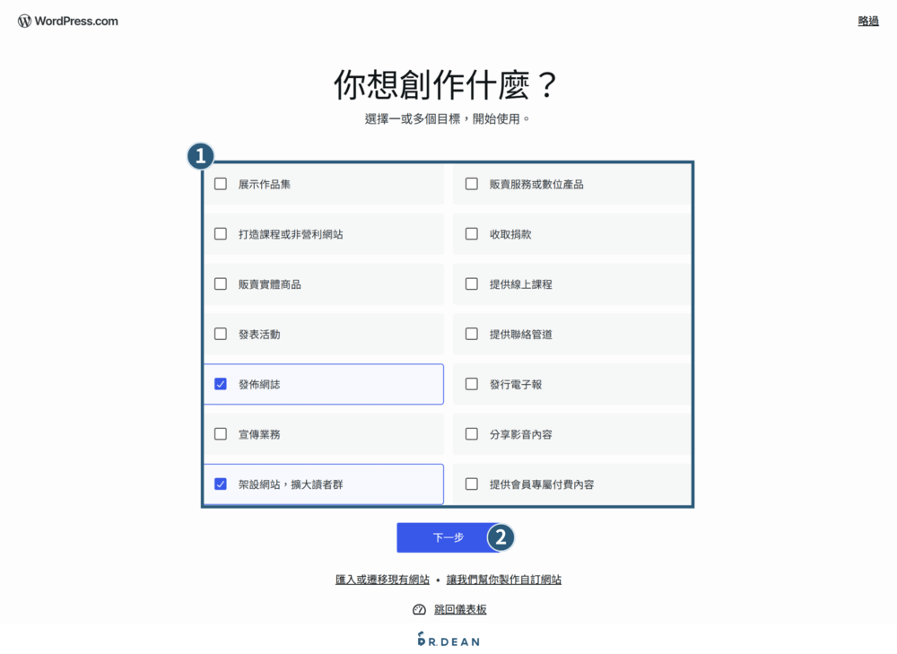 【2026】WordPress.com 新手教學:5 步驟免費架好你的網站 9 選擇網站內容類型並進行下一步