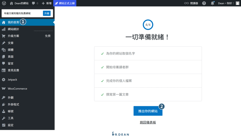 【2026】WordPress.com 新手教學:5 步驟免費架好你的網站 26 網站上線操作步驟介面