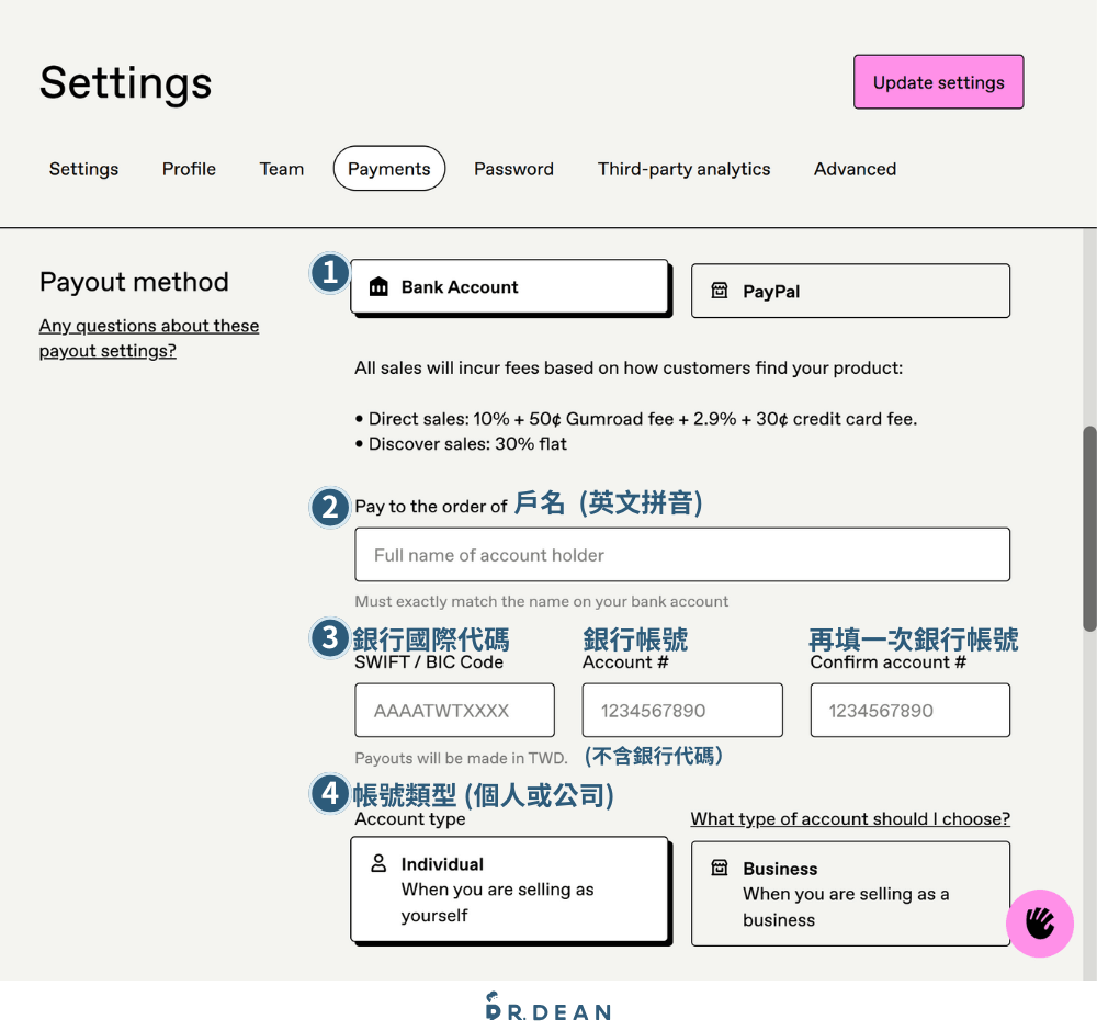 Gumroad 是什麼?零月租開店:上架 + 收款 3 步驟搞定【2026】 19 填寫銀行帳戶資訊表單頁面