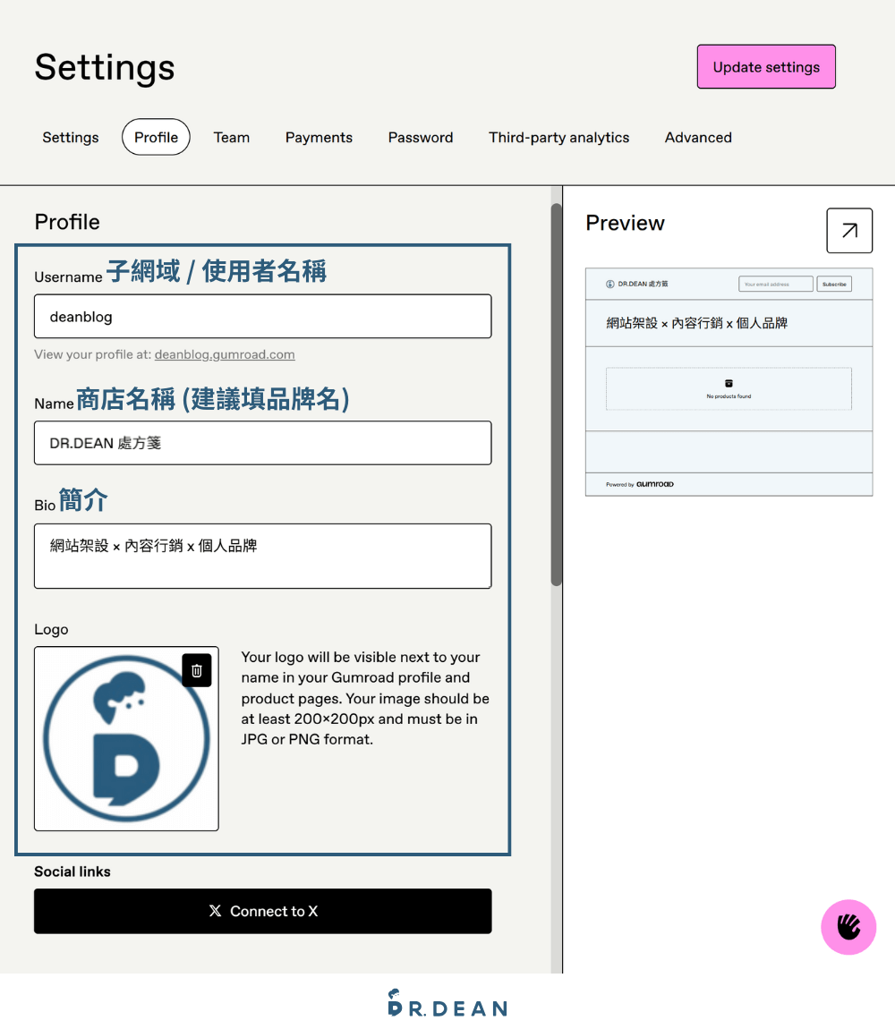 Gumroad 是什麼?零月租開店:上架 + 收款 3 步驟搞定【2026】 11 填寫品牌使用者名稱商店名稱及簡介