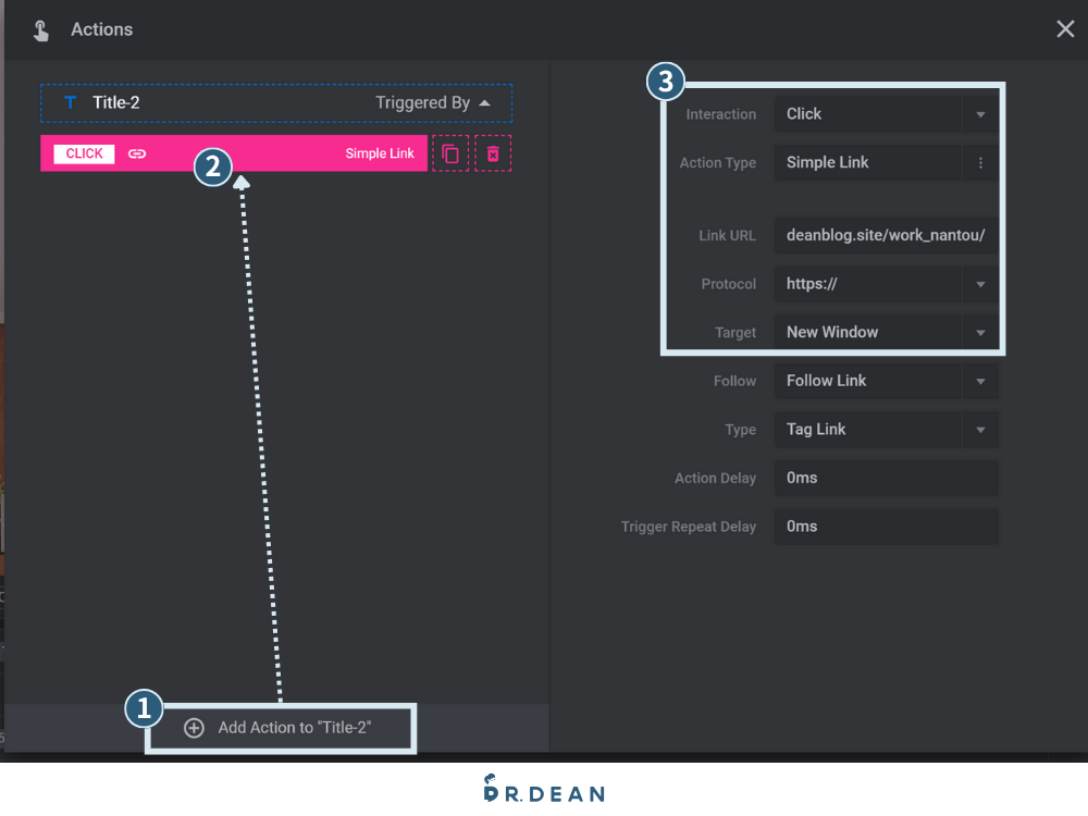 Slider Revolution 教學:製作 WordPress 網站動畫 (不用程式碼) 36 設定超連結跳轉動作選項操作畫面