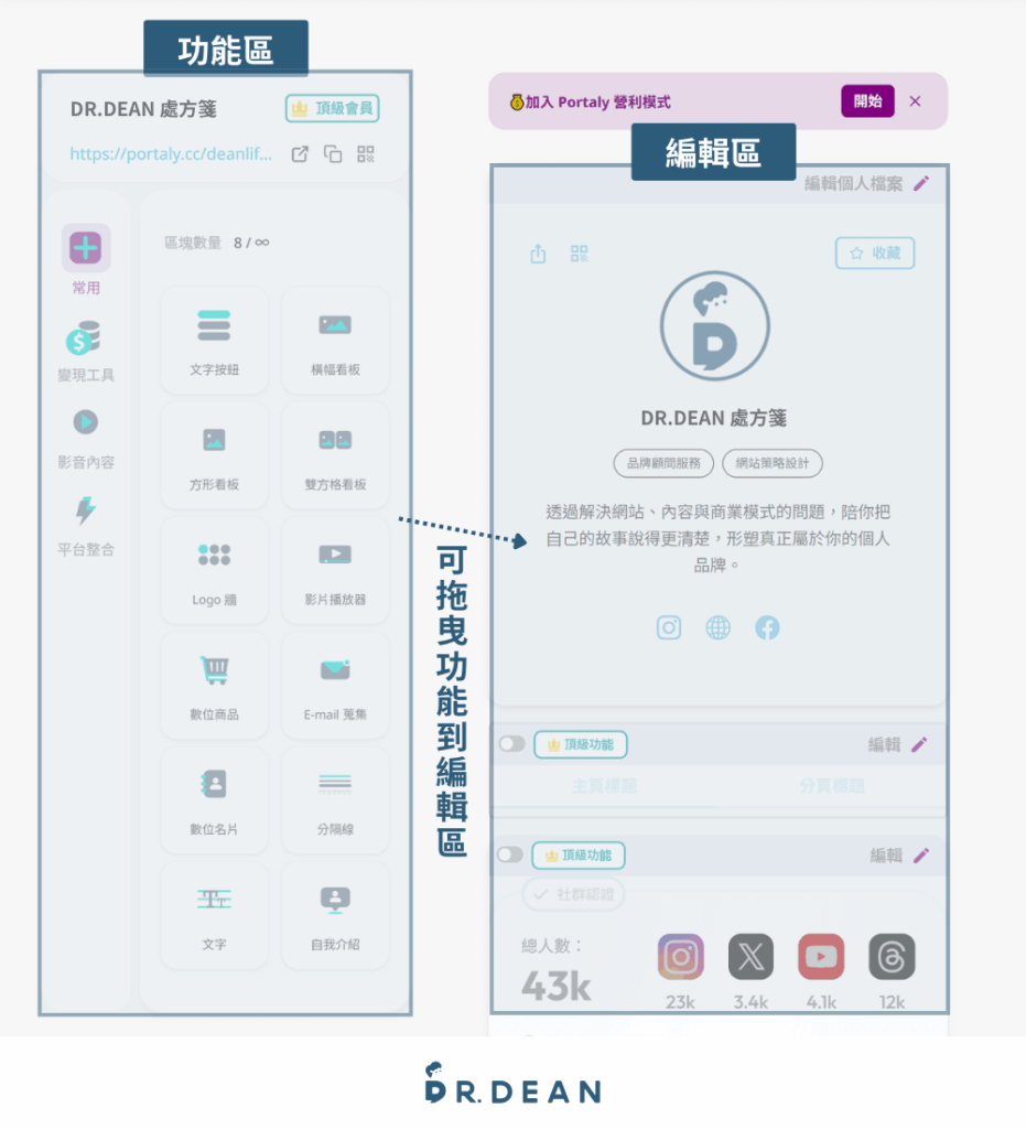 Portaly 教學:一站搞定個人品牌介紹 + 數位商品銷售 12 Portaly 後台功能拖拉與預覽操作畫面