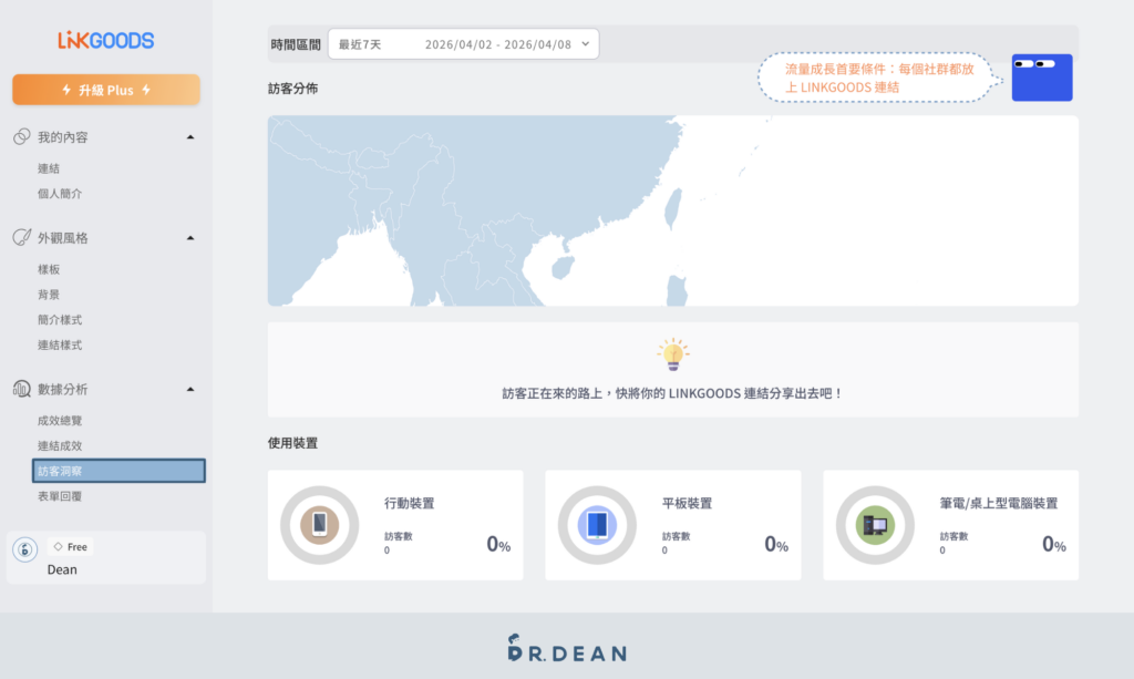 LINKGOODS 教學:創作者提升轉換率的多連結工具【2026】 21 訪客瀏覽裝置來源統計數據