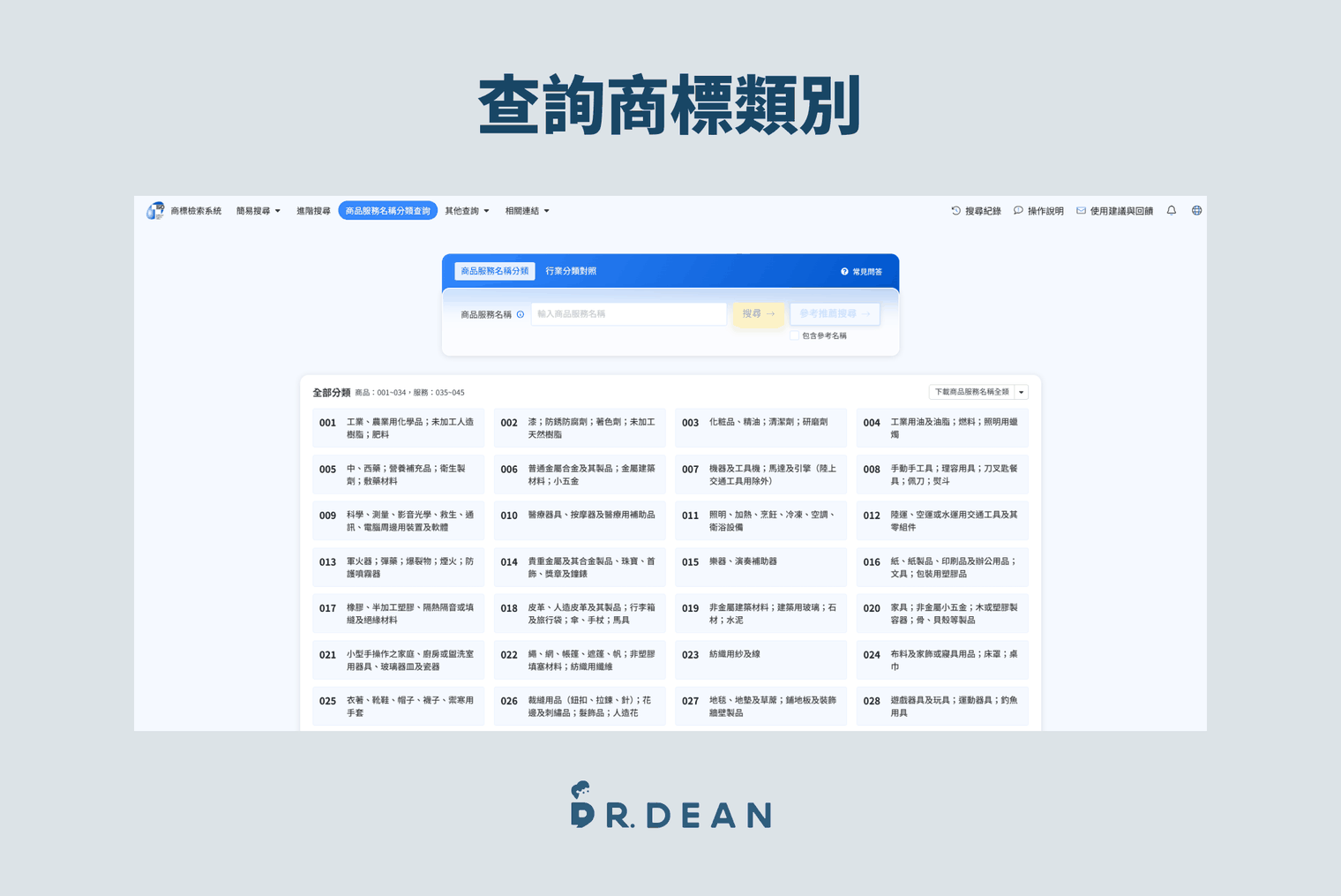 【2026】商標註冊教學 | 申請費用與流程完整解析(自己也能做) 9 商標檢索系統的商品服務名稱分類查詢畫面,列出第 1 類到第 45 類清單