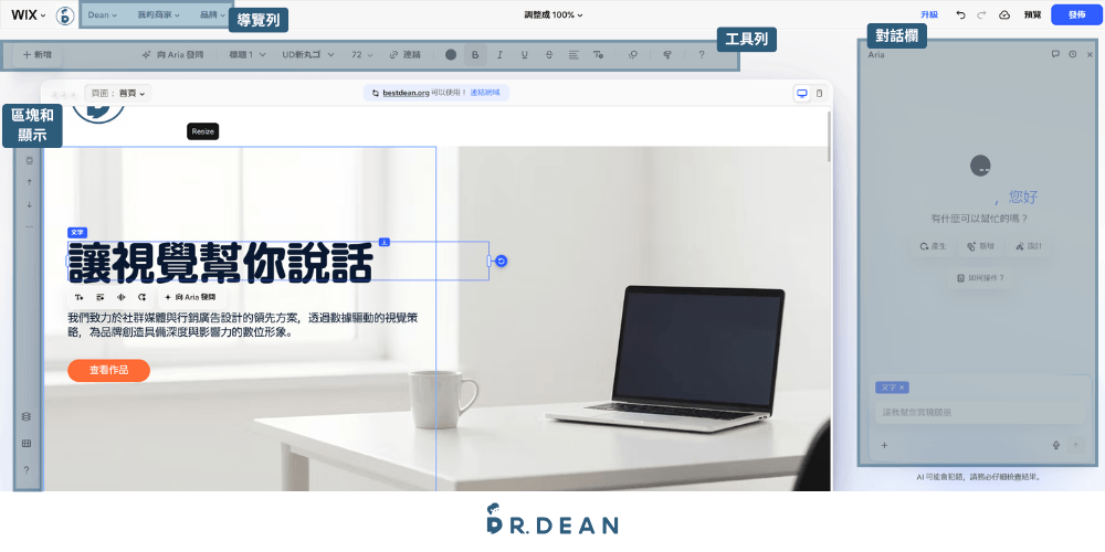 【2026】Wix 教學:3 步驟 AI 架站 + 費用方案與優缺點 20 Wix 編輯介面四個區域的位置示意